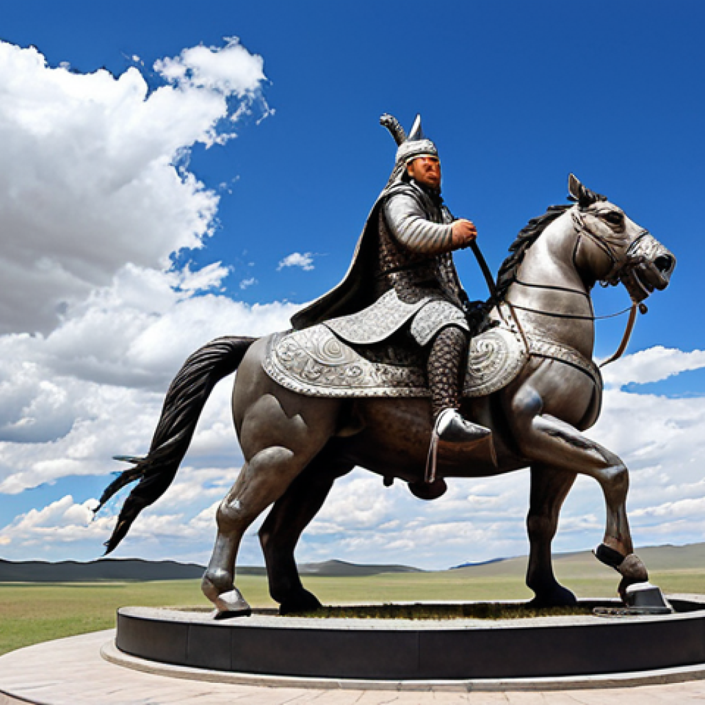 **

Epic wide shot. The Genghis Khan Statue Complex. Mongolia. Rolling steppe. Blue sky. Dramatic clouds. Stainless steel statue of Genghis Khan on horseback. Museum base. Tourist taking photos.

**