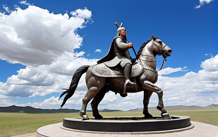 **

Epic wide shot. The Genghis Khan Statue Complex. Mongolia. Rolling steppe. Blue sky. Dramatic clouds. Stainless steel statue of Genghis Khan on horseback. Museum base. Tourist taking photos.

**