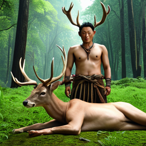 Home 18 A Khangai, a benevolent being with a man's body and deer antlers, protecting a lush, green forest.