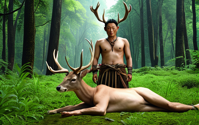 A Khangai, a benevolent being with a man's body and deer antlers, protecting a lush, green forest.