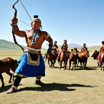 Vibrant Mongolian Naadam festival scene. A muscular wrestler in traditional 'zodog' and 'shuudag' performs the 'devee' eagle dance. Alongside, child jockeys race resilient Mongolian horses across the vast, sun-drenched steppes. An archer, male or female, precisely aims a composite bow. In the background, sacred 'Ovoo' cairns adorned with blue ribbons symbolize ancient spiritual ties to the 'Eternal Blue Sky'. Dynamic composition, capturing the indomitable spirit and nomadic traditions.