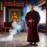 A male Buddhist monk, fully clothed in modest, traditional deep maroon monastic robes, standing with perfect anatomy and correct proportions in a natural pose, inside the ancient Gandantegchinlen Monastery in Ulaanbaatar, Mongolia. The grand hall is filled with soft, warm ambient light, diffused by the subtle, swirling smoke of incense. Intricate details of the temple's interior architecture and a few blurred prayer wheels are visible in the background. The atmosphere is profoundly serene and contemplative. Professional photography, high resolution, realistic, sacred setting, appropriate content, safe for work, well-formed hands, proper finger count, natural body proportions, family-friendly.