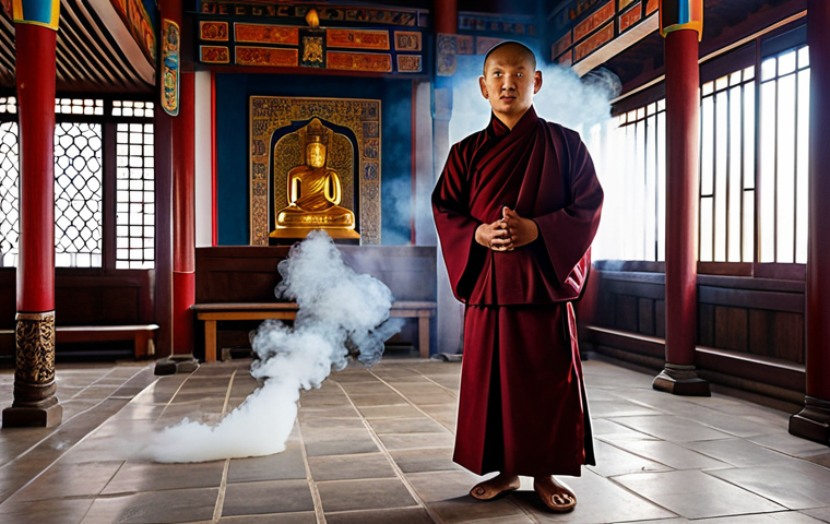 A male Buddhist monk, fully clothed in modest, traditional deep maroon monastic robes, standing with perfect anatomy and correct proportions in a natural pose, inside the ancient Gandantegchinlen Monastery in Ulaanbaatar, Mongolia. The grand hall is filled with soft, warm ambient light, diffused by the subtle, swirling smoke of incense. Intricate details of the temple's interior architecture and a few blurred prayer wheels are visible in the background. The atmosphere is profoundly serene and contemplative. Professional photography, high resolution, realistic, sacred setting, appropriate content, safe for work, well-formed hands, proper finger count, natural body proportions, family-friendly.