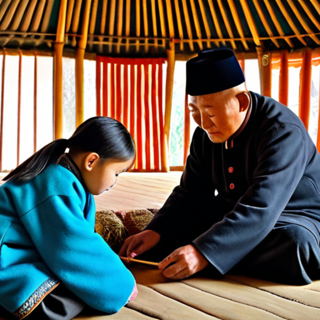 Traditional Mongolian Music Education**
A serene scene inside a traditional Mongolian yurt, illuminated by the warm, soft glow of a central fireplace. An elderly Mongolian master, with a kind expression, patiently teaches a young student to play the morin khuur. Both are fully clothed in modest, traditional Mongolian attire. The student is focused, absorbing the lessons. The atmosphere is one of deep respect and cultural transmission. Perfect anatomy, correct proportions, natural pose, well-formed hands, proper finger count, natural body proportions. Professional photography, high detail, safe for work, appropriate content, family-friendly.

**