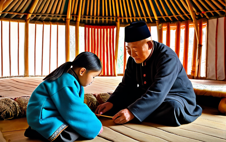 Traditional Mongolian Music Education**
A serene scene inside a traditional Mongolian yurt, illuminated by the warm, soft glow of a central fireplace. An elderly Mongolian master, with a kind expression, patiently teaches a young student to play the morin khuur. Both are fully clothed in modest, traditional Mongolian attire. The student is focused, absorbing the lessons. The atmosphere is one of deep respect and cultural transmission. Perfect anatomy, correct proportions, natural pose, well-formed hands, proper finger count, natural body proportions. Professional photography, high detail, safe for work, appropriate content, family-friendly.

**