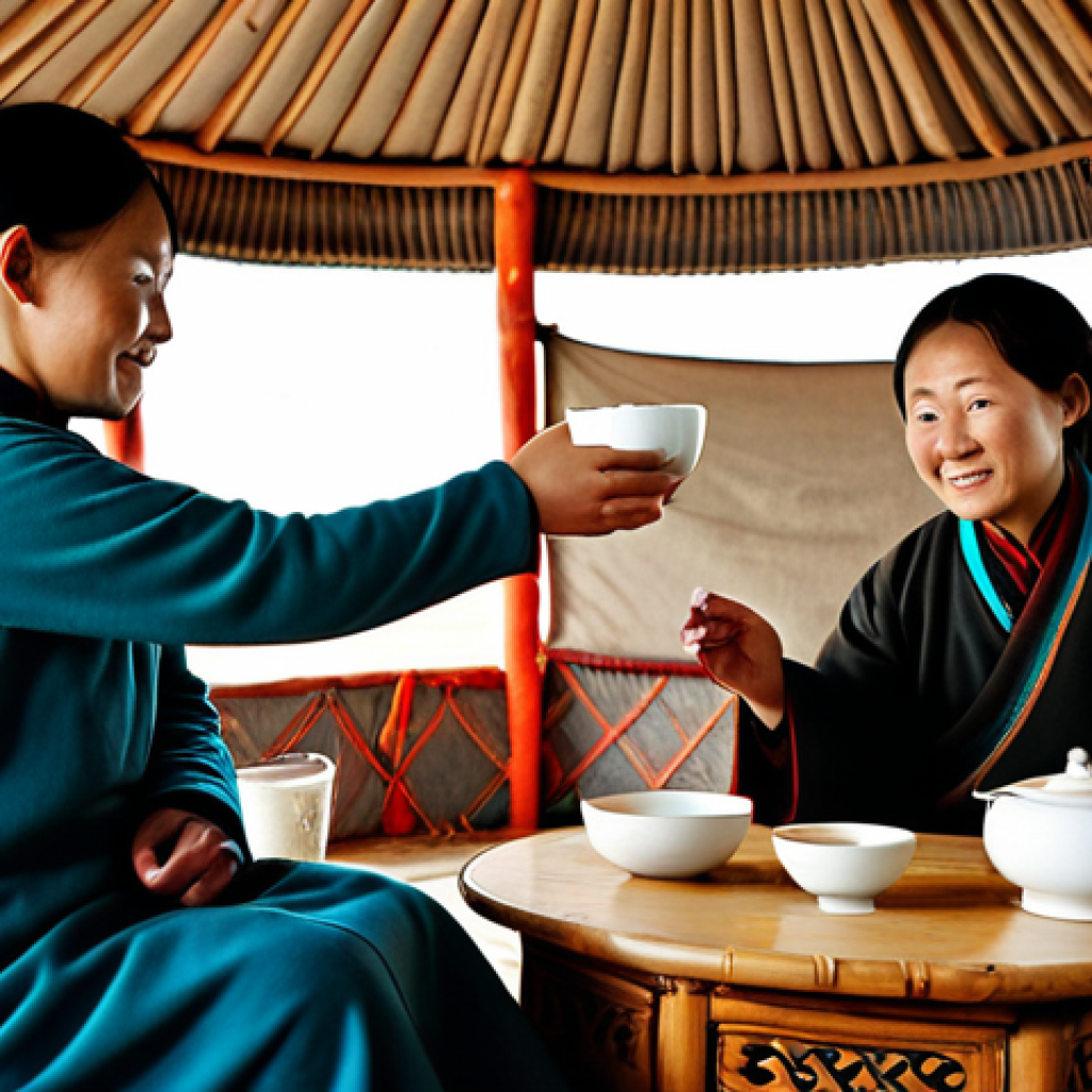 Tea Ceremony in a Ger**

"A family-friendly scene inside a traditional Mongolian ger (yurt). A fully clothed woman in modest traditional attire offers a bowl of Suutei Tsai (salty milk tea) to a guest. The guest, also fully clothed, accepts the bowl with their right hand. Warm, inviting atmosphere. Safe for work, appropriate content, professional photography, perfect anatomy, natural pose, well-formed hands, proper finger count, natural body proportions."

**