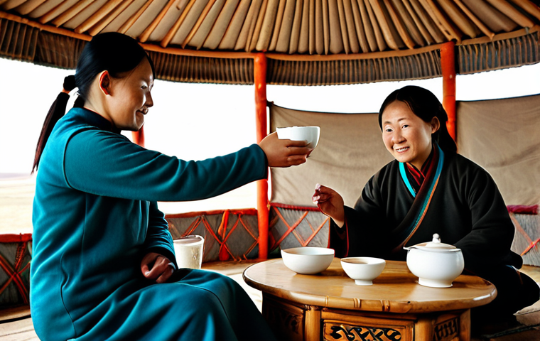 Tea Ceremony in a Ger**

"A family-friendly scene inside a traditional Mongolian ger (yurt). A fully clothed woman in modest traditional attire offers a bowl of Suutei Tsai (salty milk tea) to a guest. The guest, also fully clothed, accepts the bowl with their right hand. Warm, inviting atmosphere. Safe for work, appropriate content, professional photography, perfect anatomy, natural pose, well-formed hands, proper finger count, natural body proportions."

**
