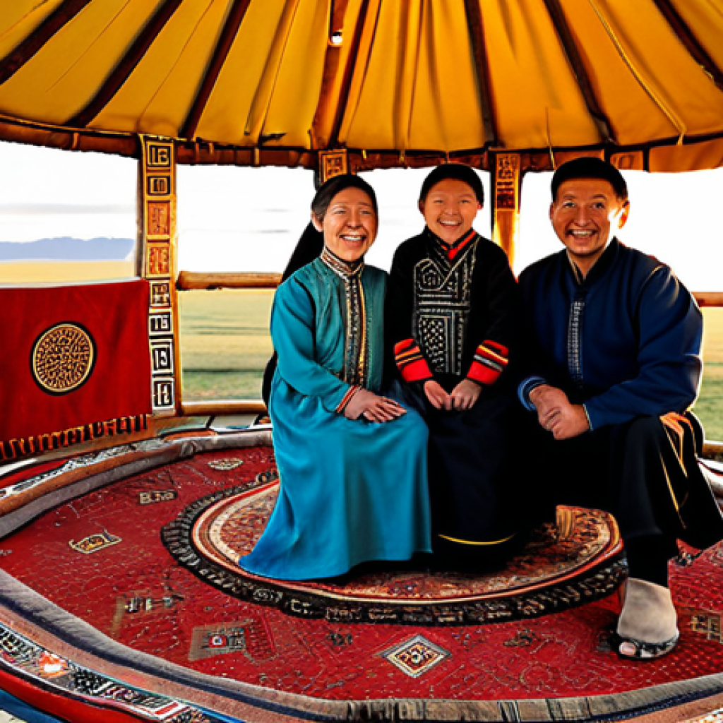 A Family in a Ger at Sunset**
"A heartwarming scene of a family inside a traditionally decorated ger (yurt) in the Mongolian countryside. Golden light streams in from the entrance as the sun sets over the vast steppe. The family is fully clothed in modest, traditional Mongolian attire, smiling warmly. Inside the ger, there are colorful carpets and wooden furniture. Professional photography, perfect anatomy, correct proportions, safe for work, appropriate content, family-friendly, fully clothed."
**