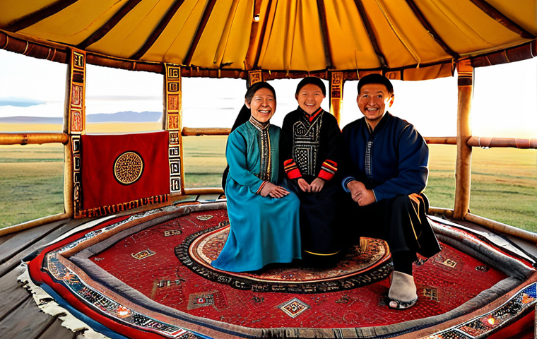A Family in a Ger at Sunset**

"A heartwarming scene of a family inside a traditionally decorated ger (yurt) in the Mongolian countryside. Golden light streams in from the entrance as the sun sets over the vast steppe. The family is fully clothed in modest, traditional Mongolian attire, smiling warmly. Inside the ger, there are colorful carpets and wooden furniture. Professional photography, perfect anatomy, correct proportions, safe for work, appropriate content, family-friendly, fully clothed."

**