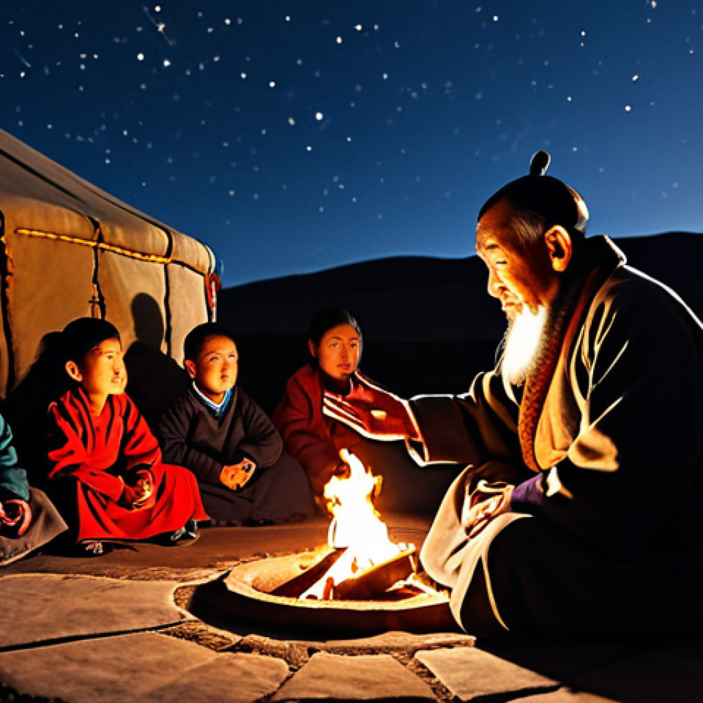 Mongolian Legend**

A wise Mongolian elder, fully clothed in traditional deel (robe), sits by a crackling fire in a yurt, narrating a story to a group of attentive children. The yurt is illuminated by warm light, casting shadows on the walls adorned with traditional patterns. Outside, a vast starry sky stretches across the horizon. Perfect anatomy, correct proportions, well-formed hands, proper finger count, natural body proportions. Safe for work, appropriate content, fully clothed, family-friendly. Professional photography, high quality.

**