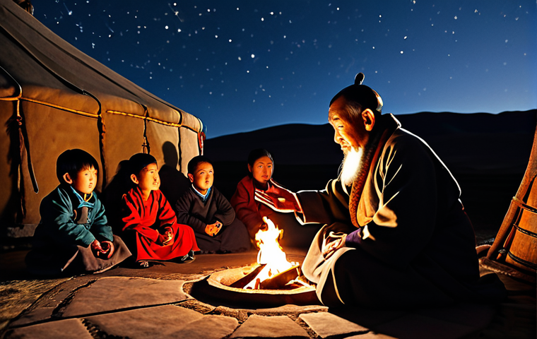 Mongolian Legend**

A wise Mongolian elder, fully clothed in traditional deel (robe), sits by a crackling fire in a yurt, narrating a story to a group of attentive children. The yurt is illuminated by warm light, casting shadows on the walls adorned with traditional patterns. Outside, a vast starry sky stretches across the horizon. Perfect anatomy, correct proportions, well-formed hands, proper finger count, natural body proportions. Safe for work, appropriate content, fully clothed, family-friendly. Professional photography, high quality.

**