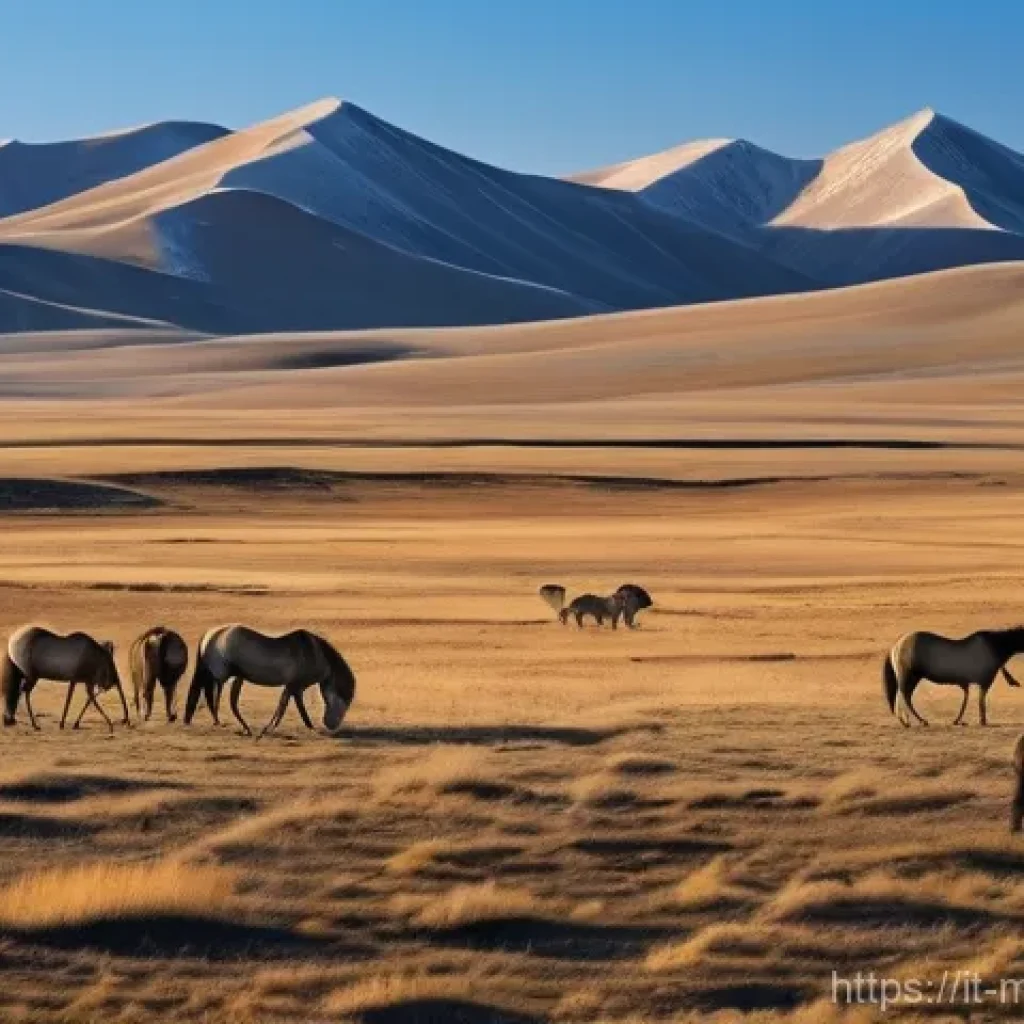 몽골의 동물 보호 정책 - **A Symphony of Mongolian Wildlife in Vast Landscapes**
A wide-angle, highly detailed photograph...