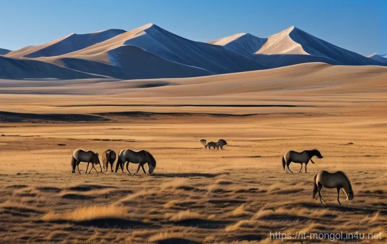 몽골의 동물 보호 정책 - **A Symphony of Mongolian Wildlife in Vast Landscapes**
A wide-angle, highly detailed photograph...