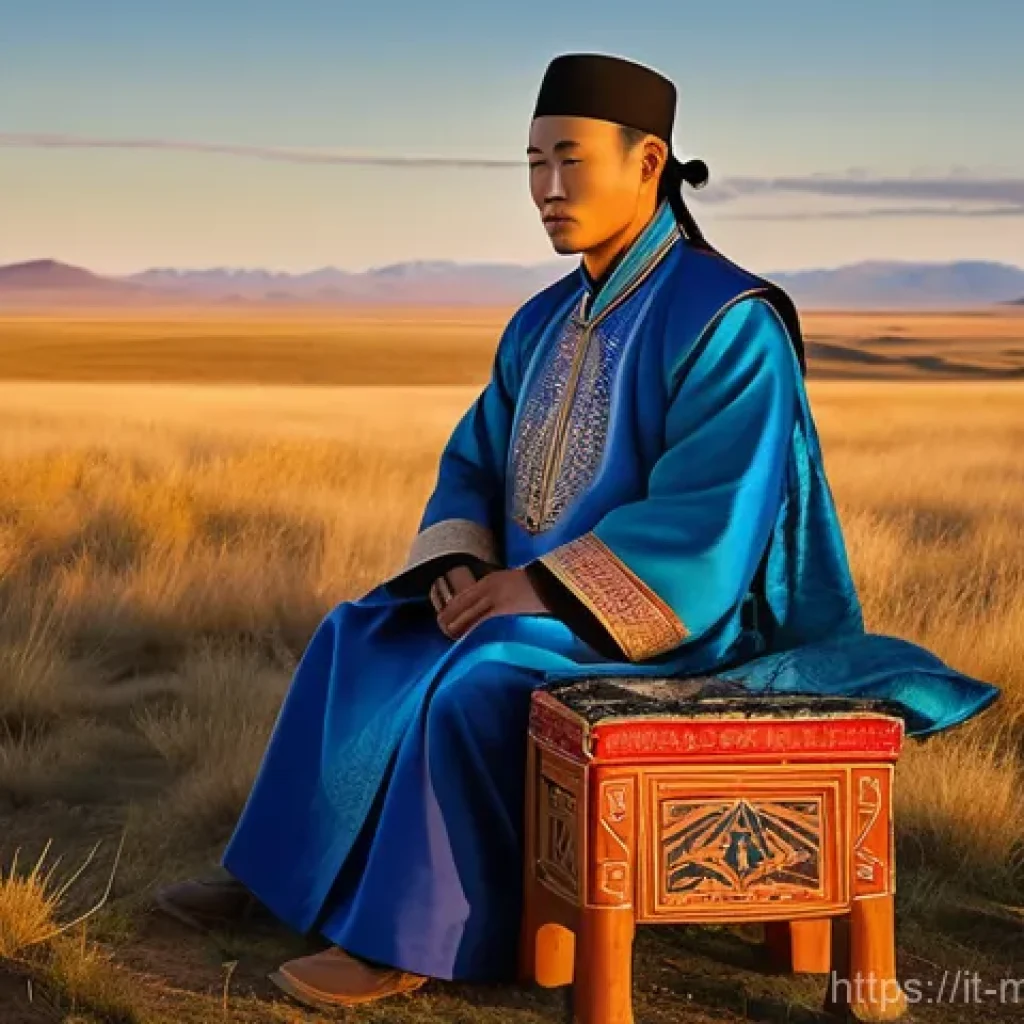 몽골 전통 악기 마린후르 - **Prompt:** A solemn and experienced Mongolian male musician, dressed in a vibrant, intricately embr...