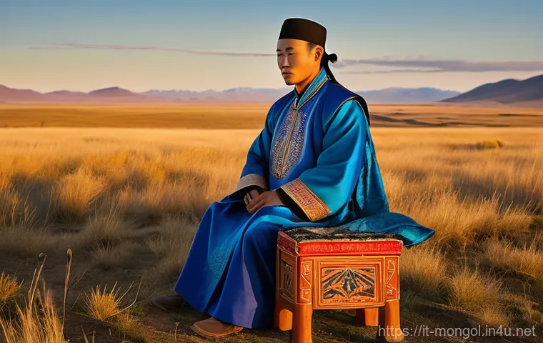 몽골 전통 악기 마린후르 - **Prompt:** A solemn and experienced Mongolian male musician, dressed in a vibrant, intricately embr...