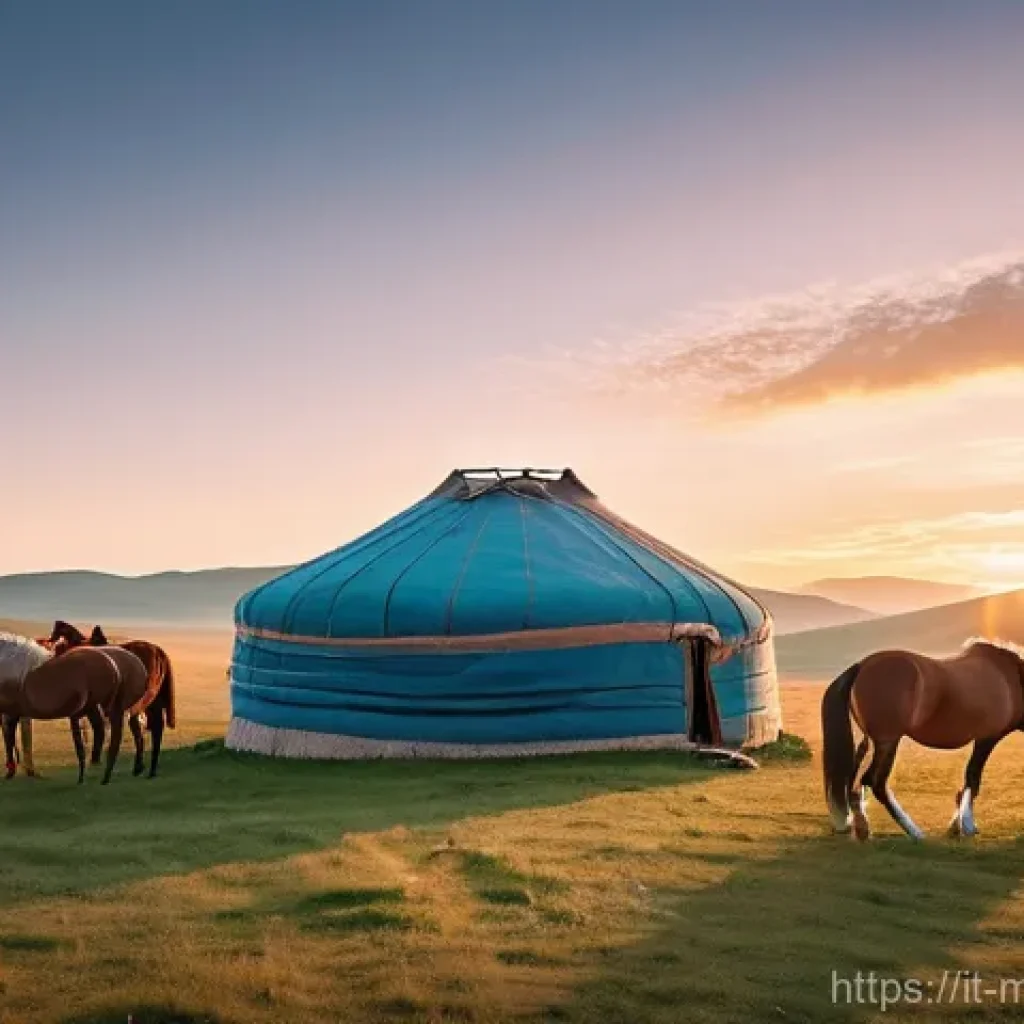 몽골 여행 비용 절약 팁 - **Prompt:** A serene and picturesque wide shot of a traditional Mongolian ger (yurt) camp during a s...
