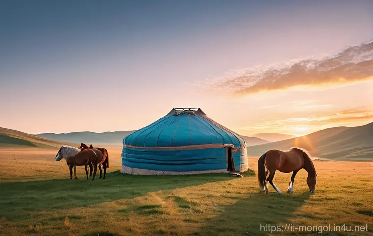 몽골 여행 비용 절약 팁 - **Prompt:** A serene and picturesque wide shot of a traditional Mongolian ger (yurt) camp during a s...