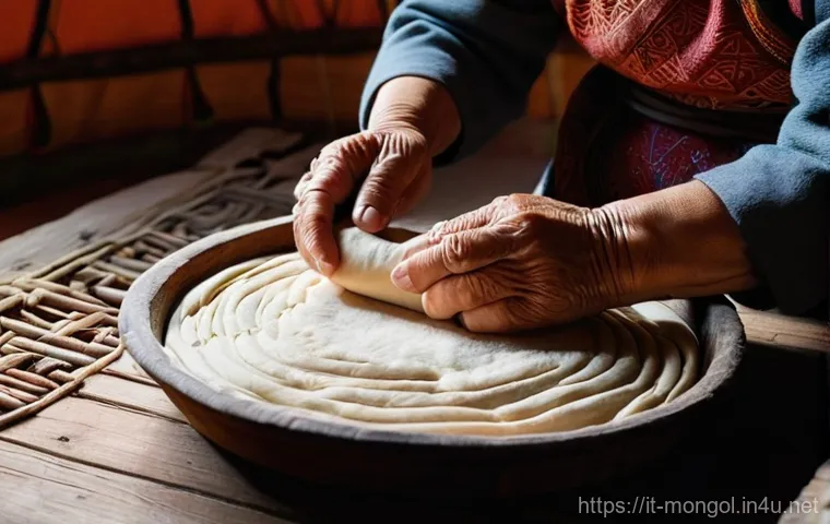 몽골 전통 음식 흐르흐 - **Prompt:** A close-up shot inside a traditional Mongolian yurt, featuring an elderly Mongolian woma...