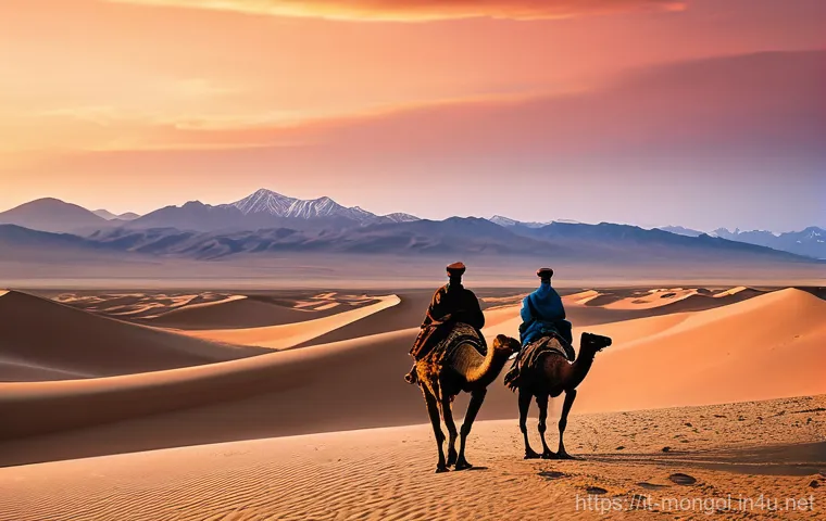 몽골 지역별 여행 가이드 - **Prompt:** A majestic panoramic view of the Khongoryn Els, also known as the "singing dunes," in th...