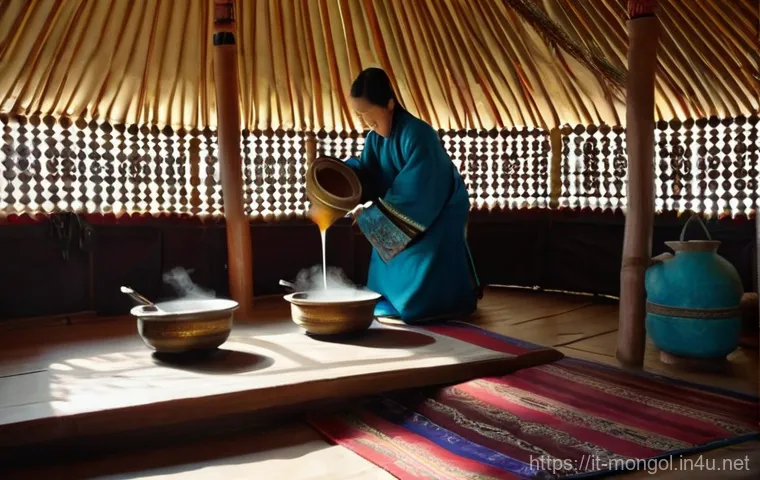 몽골 전통 차의 종류 - Image Prompt 1: Traditional Süütei Tsai Preparation in a Ger** 몽골 전통 차의 종류 - Image Prompt 1: Traditional Süütei Tsai Preparation in a Ger**