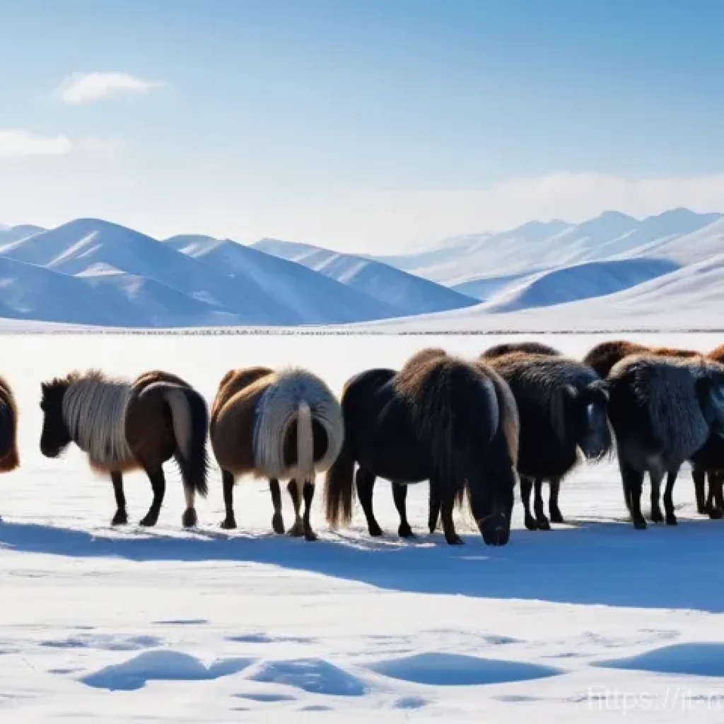 몽골의 기후와 환경 - **Prompt:** A wide-angle shot of the Mongolian steppe in extreme winter. The sky is an intense, clea...