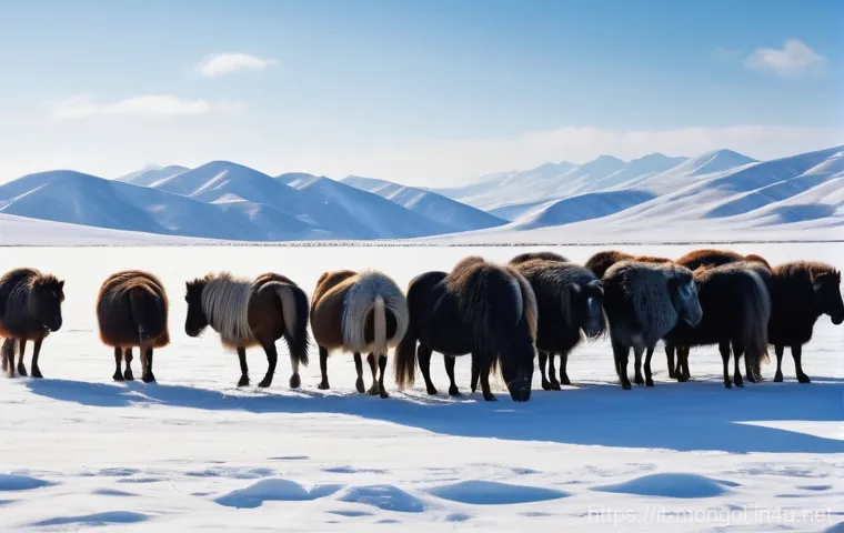몽골의 기후와 환경 - **Prompt:** A wide-angle shot of the Mongolian steppe in extreme winter. The sky is an intense, clea...