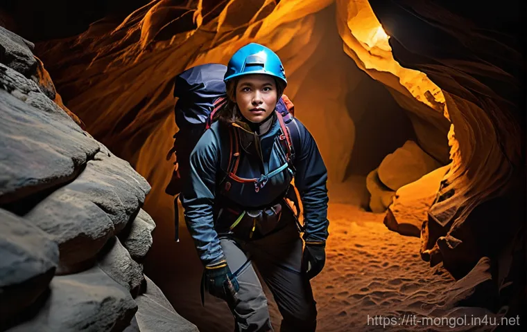 몽골 동굴 탐험 - **Prompt:** A brave female cave explorer, fully equipped, stands in a dimly lit, vast Mongolian cave...