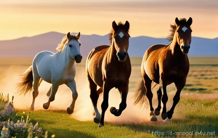 몽골 초원의 야생 동물 관찰 - **Prompt 1: Wild Horses in the Spring Steppe**
    "A breathtaking wide-angle photograph capturing a...