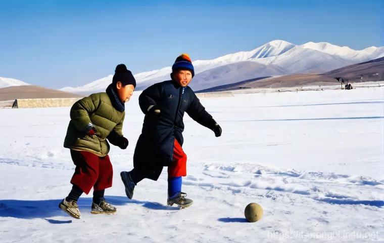 몽골의 주요 축구 경기 - **Prompt 1: Resilient Young Footballers in the Mongolian Winter.**
    A group of 3-4 Mongolian boys...