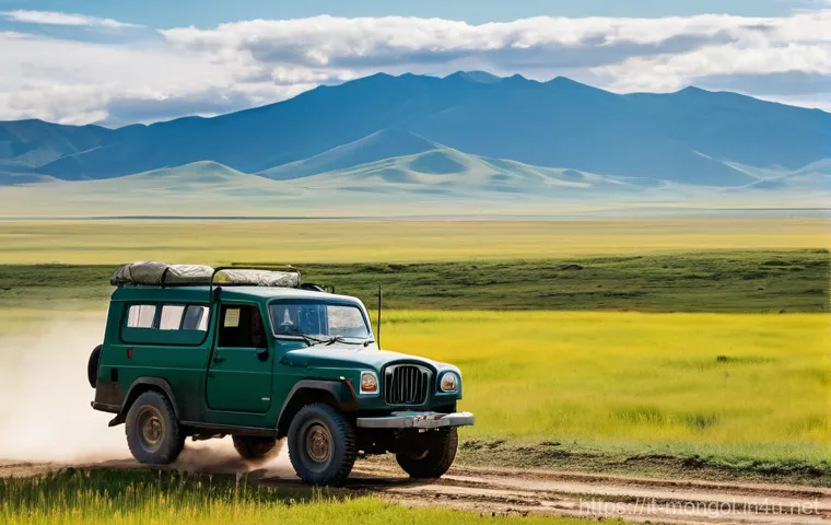 몽골의 주요 교통 시스템 - **Prompt 1: Rugged 4x4 Adventure in the Mongolian Steppe**
    "A sturdy, slightly dusty dark green ...