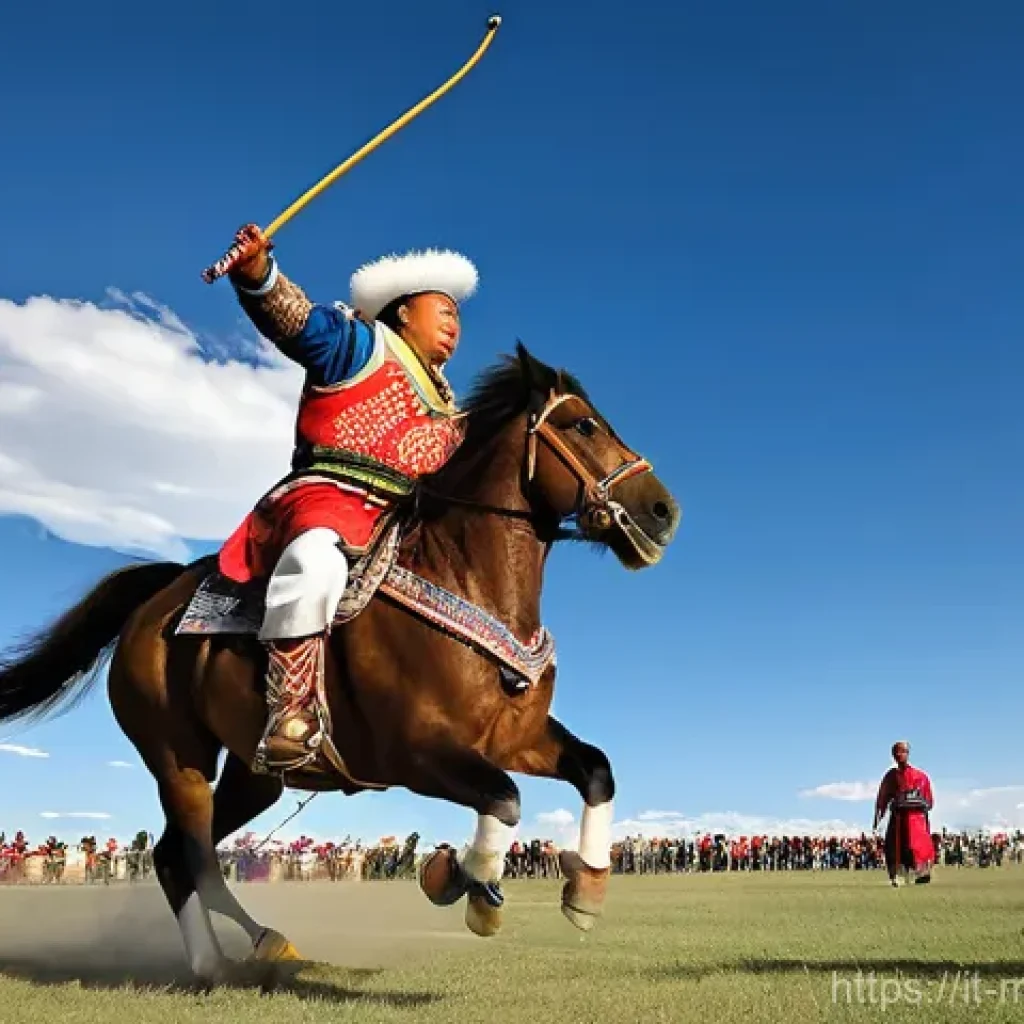 몽골의 지역별 축제 - **Naadam Festival Celebration: A Dynamic Trio of Mongolian Sports**
"A vibrant, dynamic scene at...