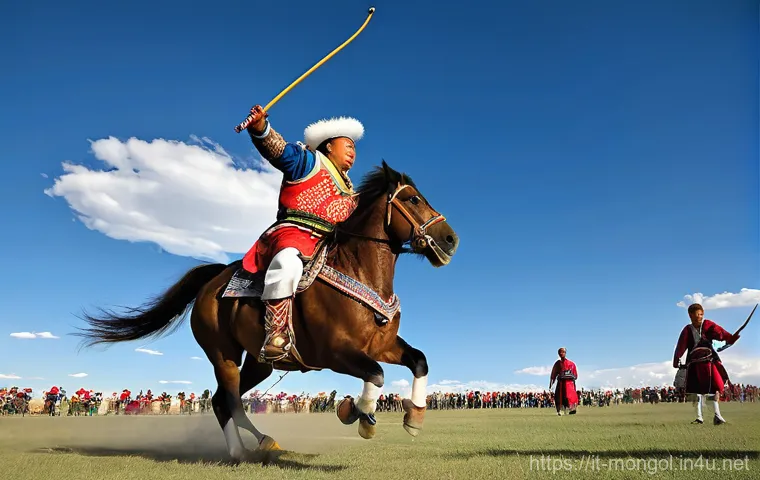 몽골의 지역별 축제 - **Naadam Festival Celebration: A Dynamic Trio of Mongolian Sports**
    "A vibrant, dynamic scene at...