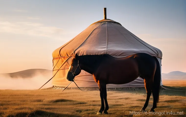 몽골의 독특한 국경 여행 - **Prompt:** A serene and expansive Mongolian steppe landscape at sunrise. In the foreground, a tradi...