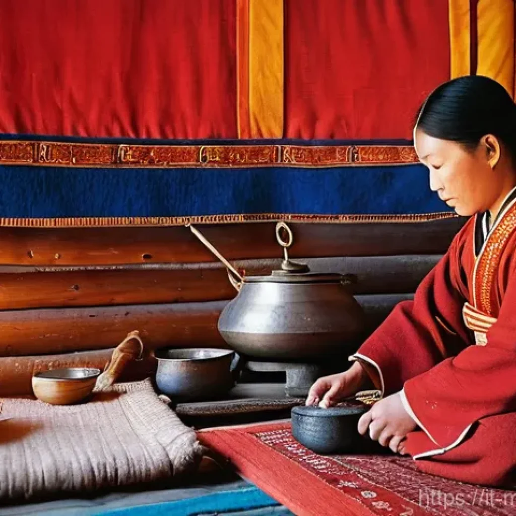 몽골의 전통적 가족 구조 - **Prompt:** A cozy and vibrant interior of a traditional Mongolian Ger, bathed in the warm, golden l...