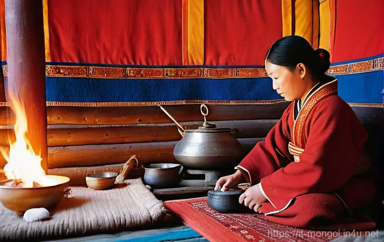몽골의 전통적 가족 구조 - **Prompt:** A cozy and vibrant interior of a traditional Mongolian Ger, bathed in the warm, golden l...