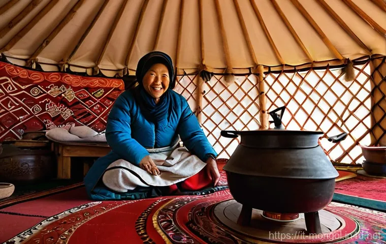 몽골 가정 요리 체험 - **A Warm Welcome to the Mongolian Yurt:**
    A wide-angle shot capturing the interior of a traditio...
