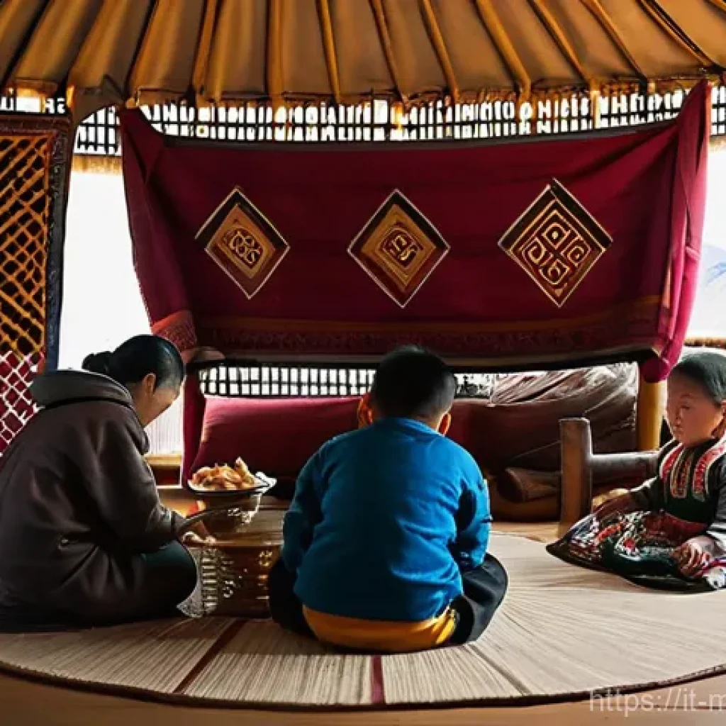 몽골 유목민 생활 속의 철학 - **Warmth and Wisdom Within a Gher:**
    "A cozy and inviting interior shot of a traditional Mongoli...