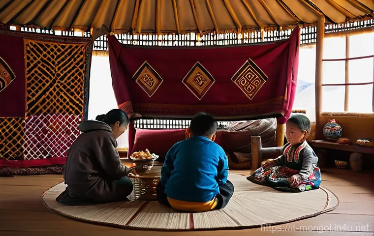 몽골 유목민 생활 속의 철학 - **Warmth and Wisdom Within a Gher:**
    "A cozy and inviting interior shot of a traditional Mongoli...
