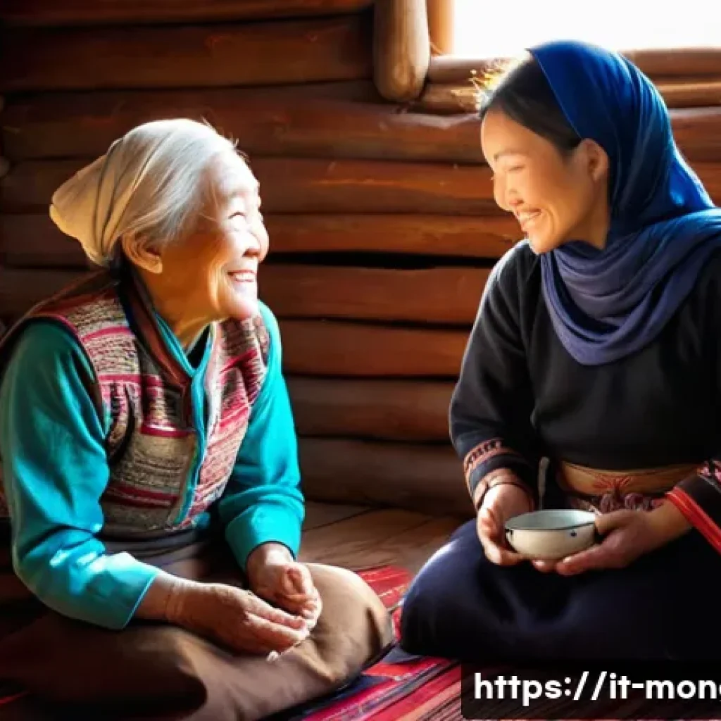 몽골 여행 시 소통 팁 - **Prompt:** A heartwarming scene inside a traditional Mongolian ger. A female traveler, in her late ...