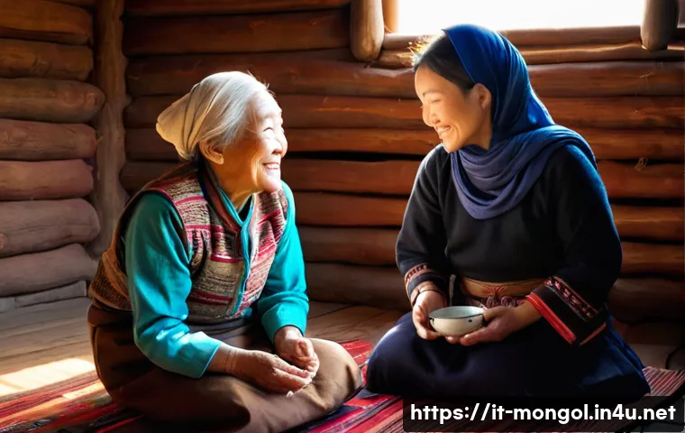 몽골 여행 시 소통 팁 - **Prompt:** A heartwarming scene inside a traditional Mongolian ger. A female traveler, in her late ...