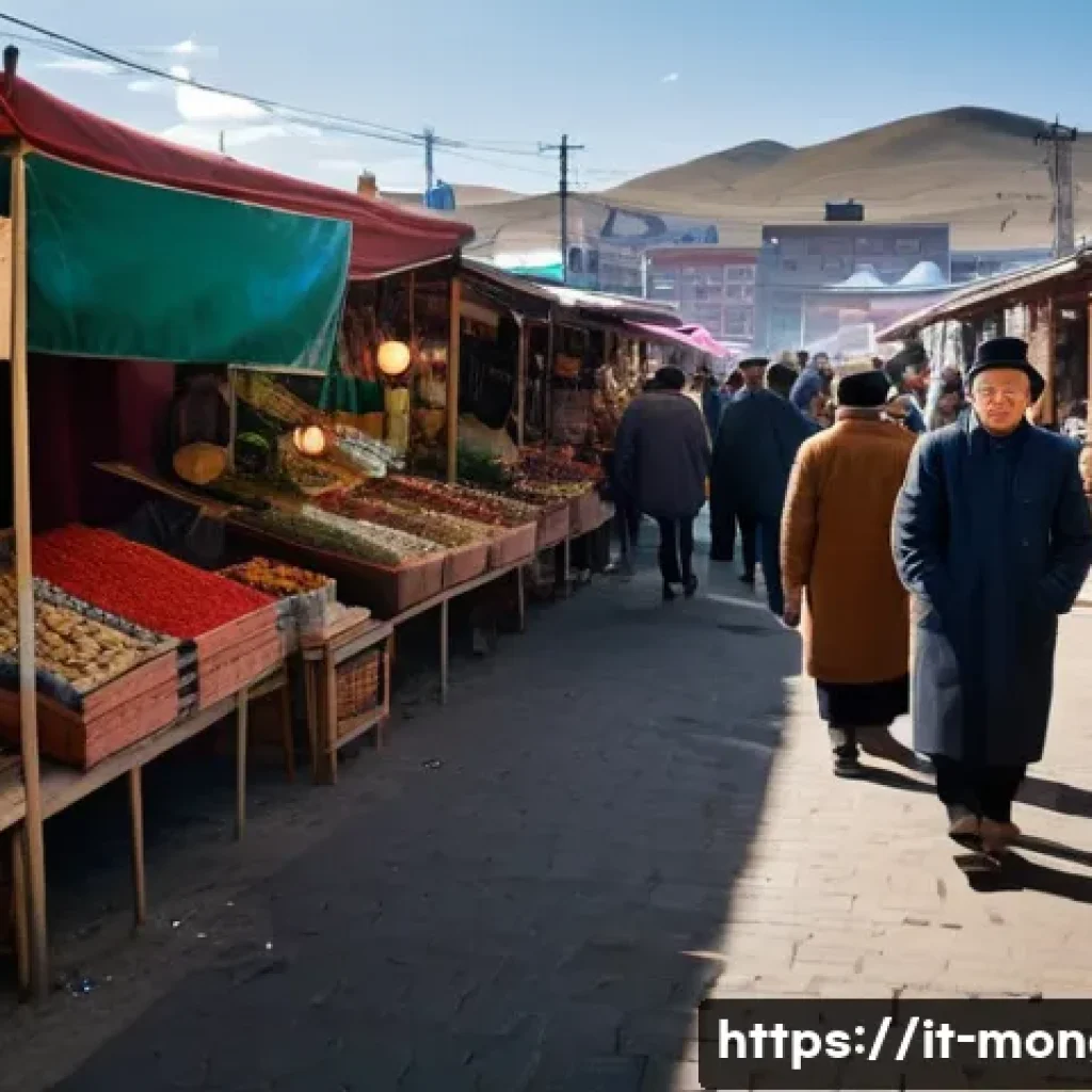 몽골 중앙 시장 쇼핑 - **Prompt:** A bustling, vibrant outdoor market scene in Ulaanbaatar, Mongolia, during daylight hours...