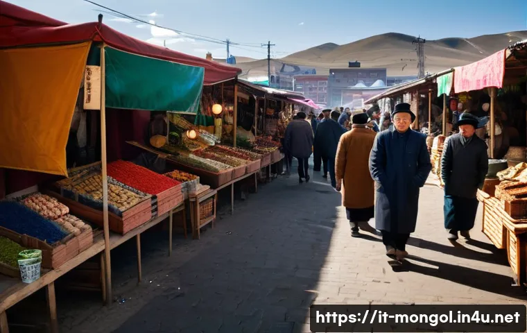 몽골 중앙 시장 쇼핑 - **Prompt:** A bustling, vibrant outdoor market scene in Ulaanbaatar, Mongolia, during daylight hours...
