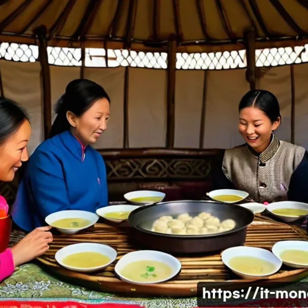 몽골 전통 음식의 유래 - **Prompt 1: A Festive Mongolian Family Meal in a Gher**
    "A vibrant, richly detailed image captur...