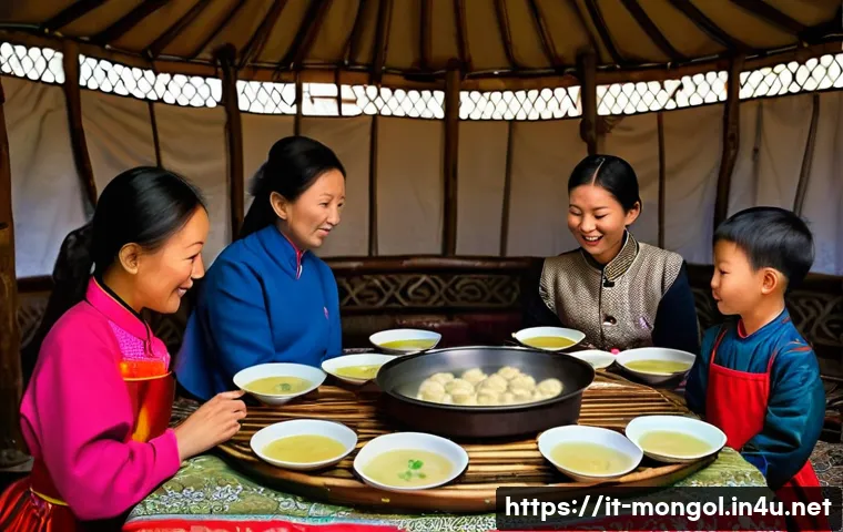 몽골 전통 음식의 유래 - **Prompt 1: A Festive Mongolian Family Meal in a Gher**
    "A vibrant, richly detailed image captur...