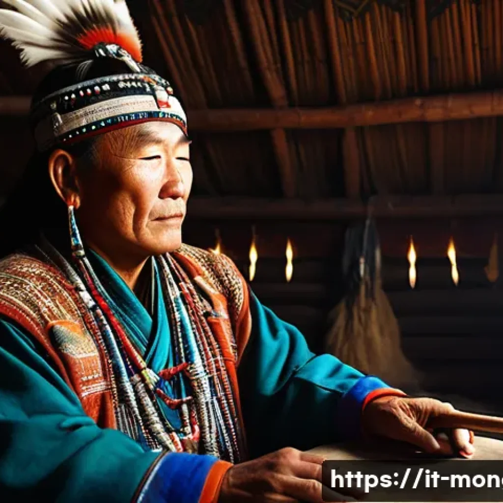 몽골의 독특한 전통 의식 - **A powerful Mongolian shaman performing a ritual inside a dimly lit ger.** The shaman is a man or w...