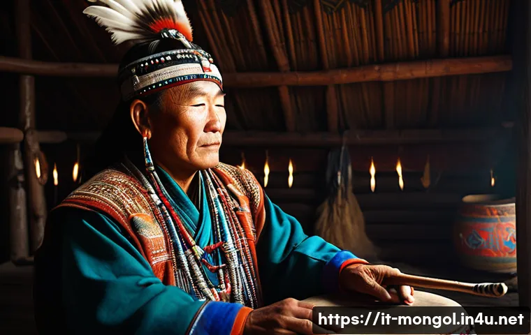 몽골의 독특한 전통 의식 - **A powerful Mongolian shaman performing a ritual inside a dimly lit ger.** The shaman is a man or w...