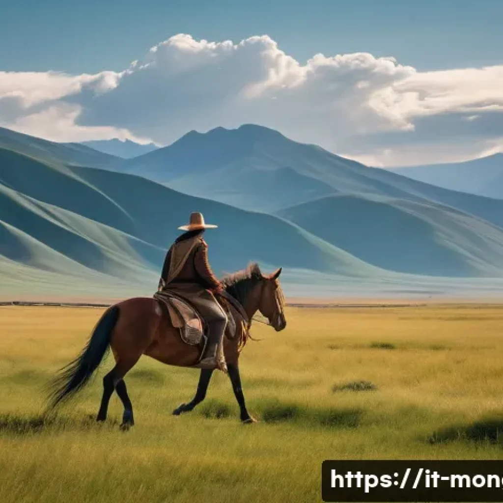 몽골 주요 관광지 - A cinematic wide-angle shot of a lone traveler, dressed in practical and modest equestrian attire in...