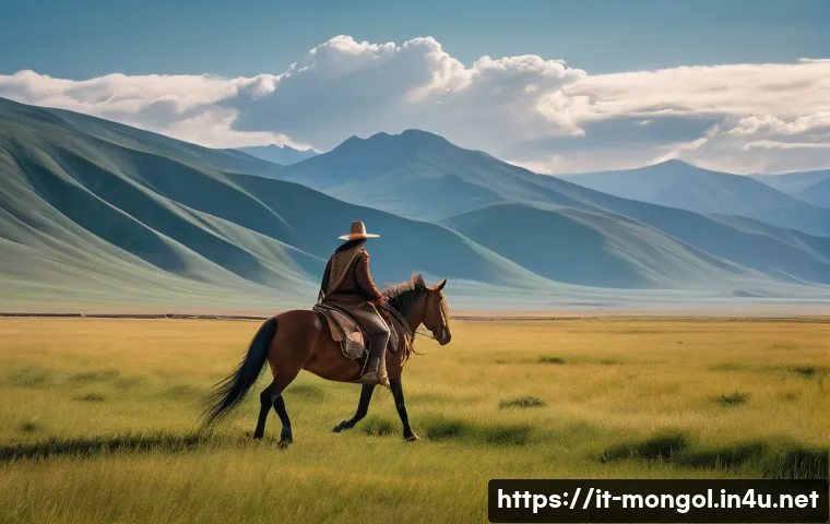 몽골 주요 관광지 - A cinematic wide-angle shot of a lone traveler, dressed in practical and modest equestrian attire in...