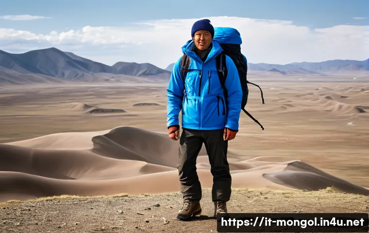 몽골에서의 하이킹 필수 정보 - **Prompt:** A resilient male or female traveler, appearing mid-shot, stands confidently amidst the v...