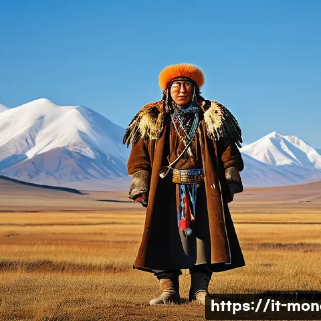 몽골 황금 독수리 축제 - A majestic Mongolian eagle hunter dressed in traditional colorful deels and leather boots, standing ...